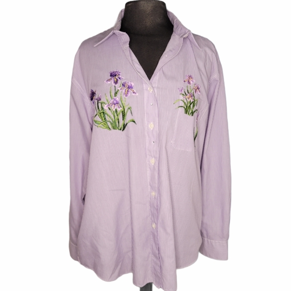 Striped button down shirt with purple irises - Picture 1 of 7